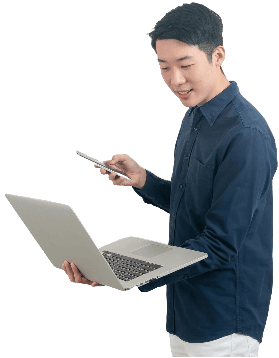 man looking at website development services in laptop and mobile